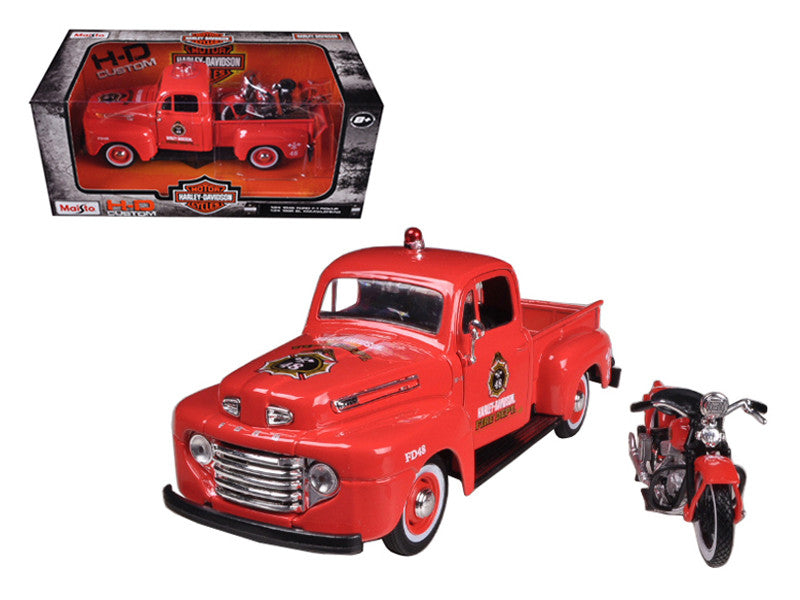 Maisto 1/24 Diecast 1948 Ford F-1 Pickup "Harley Davidson" Fire Truck & 1936 El Knucklehead Motorcycle. Officially licensed, detailed, durable.