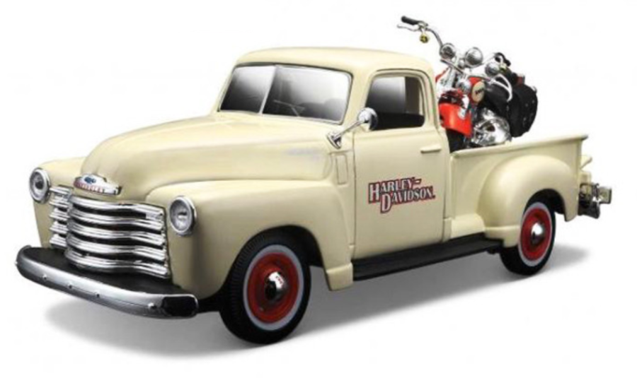 1950 Chevrolet 3100 Pickup Truck Cream 1/25 and 2001 FLSTS Heritage Springer Motorcycle Orange 1/24 "Harley-Davidson Custom" Series Diecast Models