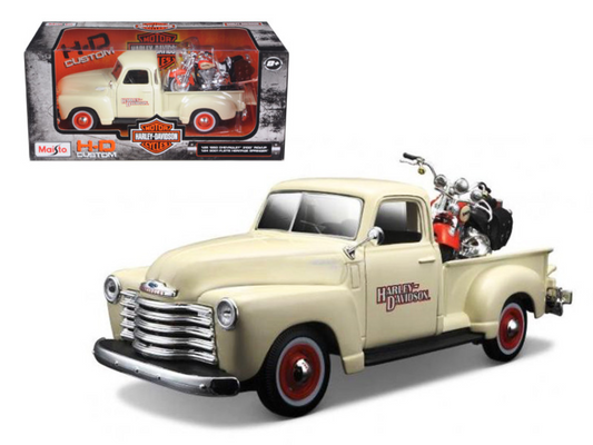 Maisto 1950 Chevy Pickup & 2001 Harley-Davidson diecast models. 1/25 truck, 1/24 motorcycle. New in box, detailed, officially licensed.