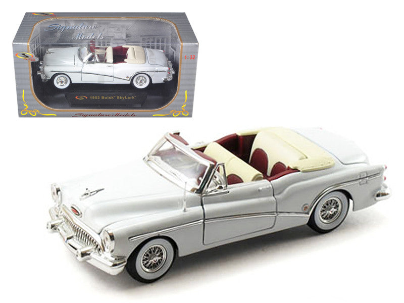 1953 Buick Skylark White 1/32 Diecast Model Car by Signature Models with detailed interior, opening hood, doors, and trunk.