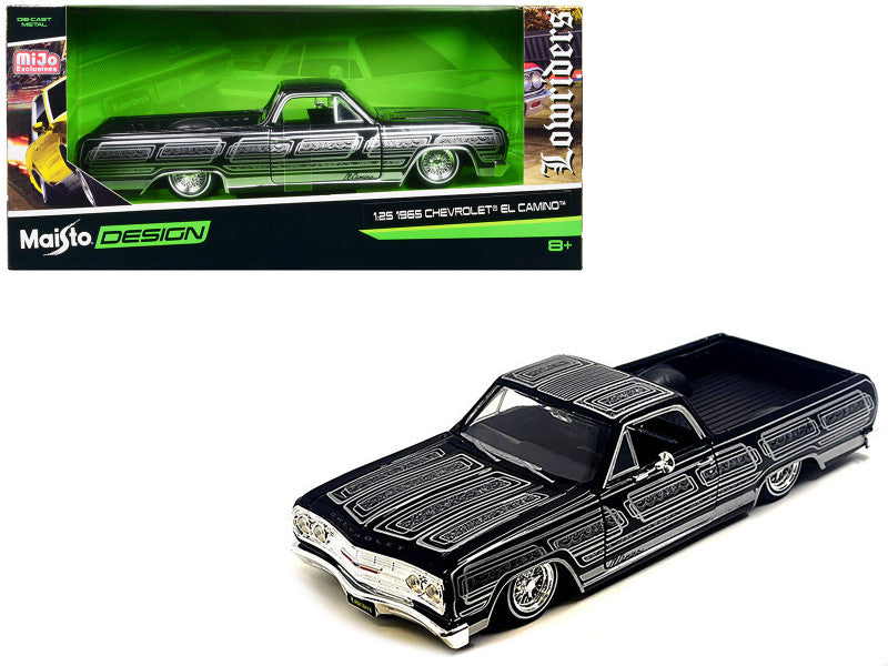 Maisto 1965 Chevrolet El Camino Lowrider diecast model car in black metallic with silver graphics, 1/25 scale with detailed features.