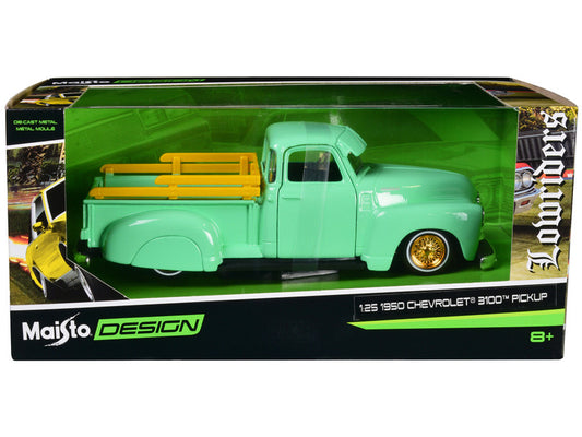 1950 Chevy 3100 Lowrider: Light green, gold wheels, opening doors. 1/24 scale. Detailed collectible. Brand new in box.