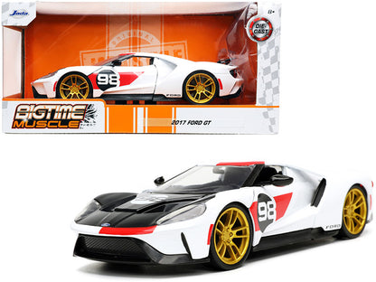 2021 Ford GT #98 White "Heritage Edition" 1/24 Diecast Model Car by Jada with opening frunk, doors, real rubber tires, and a functioning spoiler.