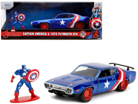 1972 Plymouth GTX Candy Blue with Red and White Stripes and Captain America Diecast Figure "The Avengers" "Hollywood Rides" Series 1/32 Diecast Model Car