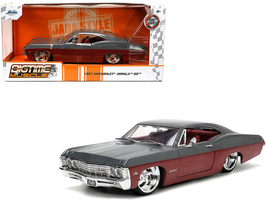 Jada 1/24 scale 1967 Chevrolet Impala SS diecast model in gray and burgundy, featuring opening hood and doors, detailed interior.