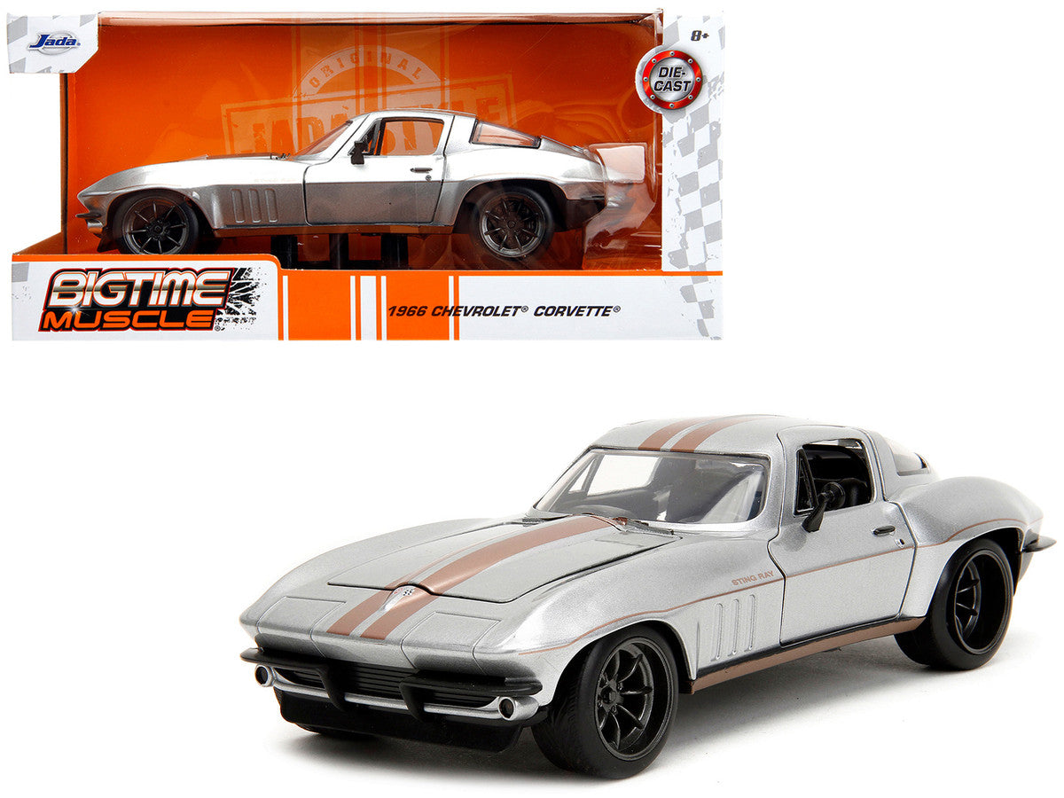 Jada 1966 Chevrolet Corvette in silver metallic with bronze stripes, part of the 'Bigtime Muscle' series, 1/24 diecast model car.