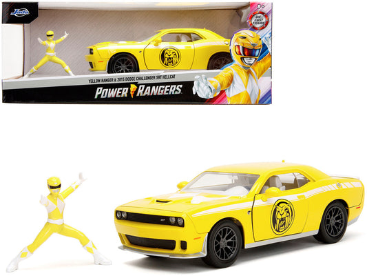 2015 Dodge Challenger SRT Hellcat Yellow w/ Graphics & Yellow Ranger Diecast Figure "Power Rangers" "Hollywood Rides" Series 1/24 Diecast Car by Jada