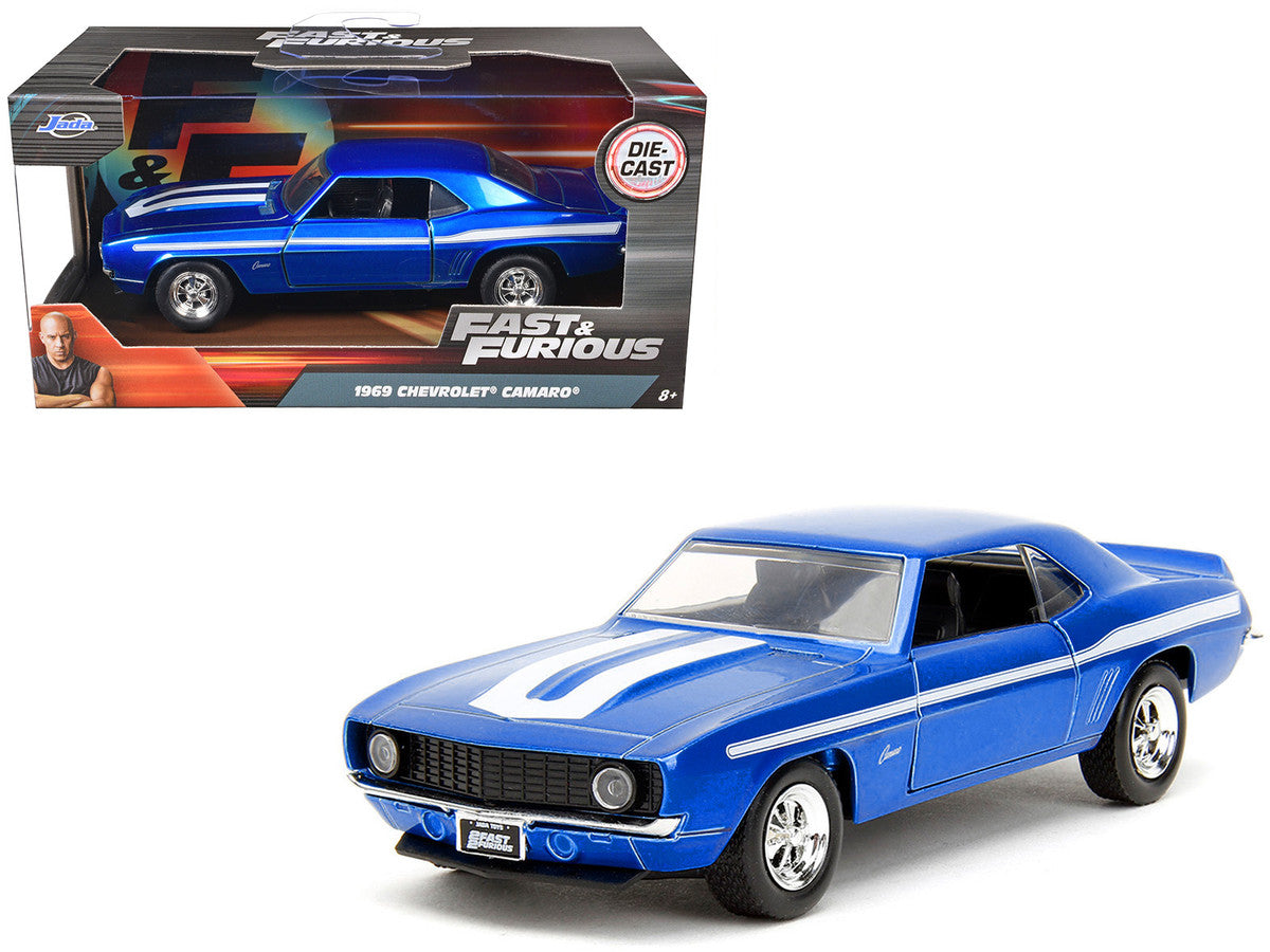 Jada 1/32 scale 1969 Chevrolet Camaro diecast car from 2 Fast 2 Furious in blue metallic with white stripes
