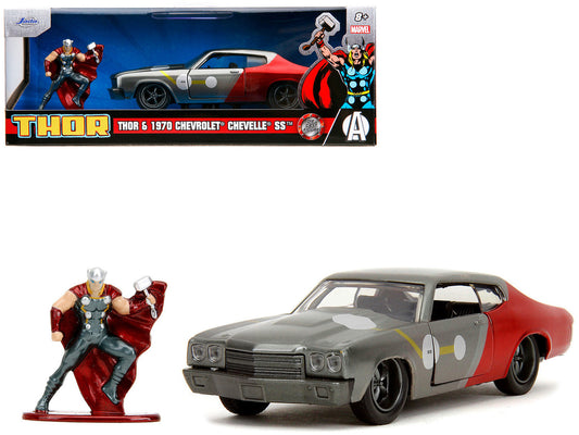 1970 Chevrolet Chevelle SS Gray/Red Metallic w/ Black Hood and Thor Diecast Figure "The Avengers" "Hollywood Rides" Series 1/32 Diecast Car
