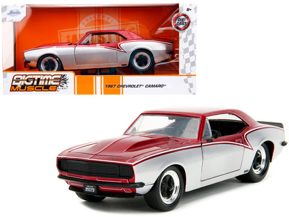 Jada 1967 Chevrolet Camaro diecast car in Candy Red and Silver Metallic, 1/24 scale, "Bigtime Muscle" Series, features detailed interior and opening parts.