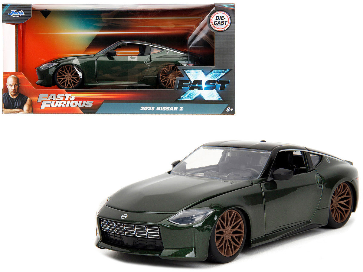 1/24 scale 2023 Nissan Z diecast car from Fast X, dark green metallic with black top and opening parts by Jada