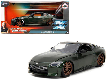 1/24 scale 2023 Nissan Z diecast car from Fast X, dark green metallic with black top and opening parts by Jada