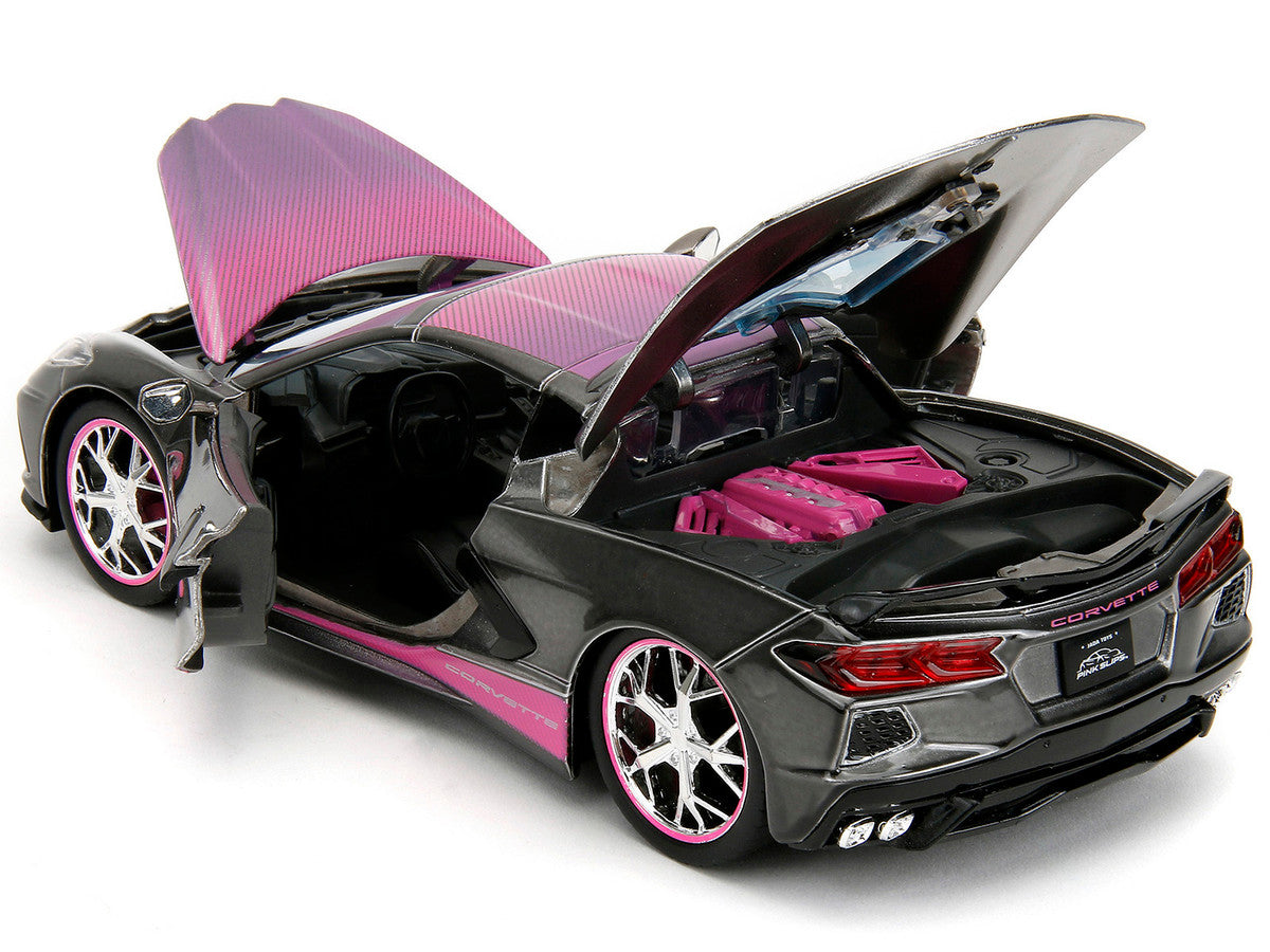 2020 Chevrolet Corvette Stingray Gray Metallic with Pink Carbon Hood and Top "Pink Slips" Series 1/24 Diecast Model Car by Jada