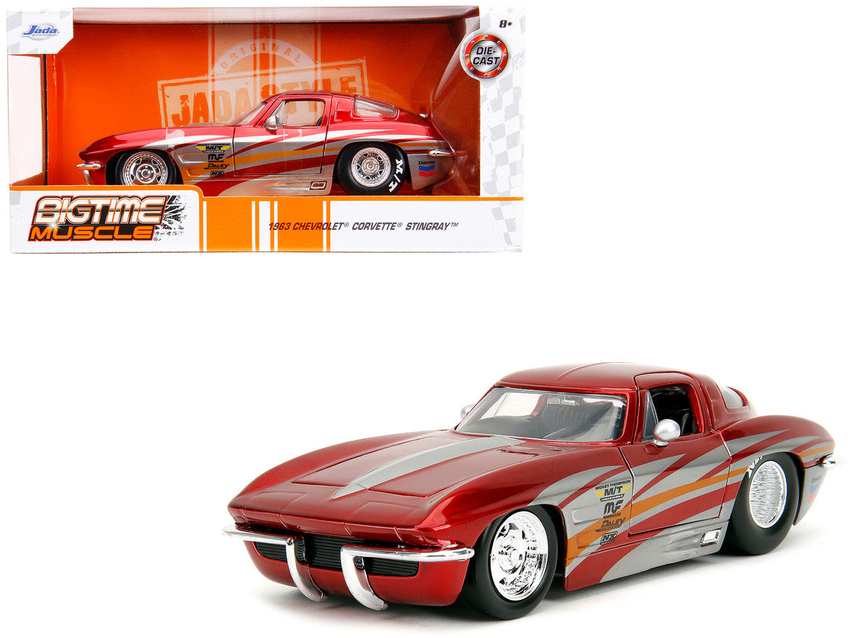 1963 Chevrolet Corvette Stingray Red Metallic with Silver Graphics "Bigtime Muscle" Series 1/24 Diecast Model Car by Jada