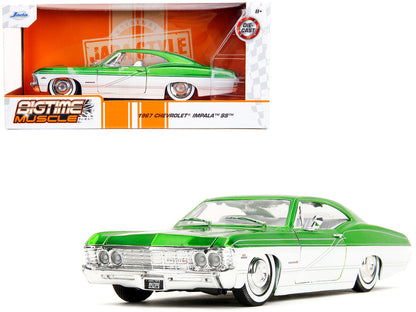 1/24 scale diecast model of a 1967 Chevrolet Impala SS in green metallic with white interior from Jada’s "Bigtime Muscle" series.