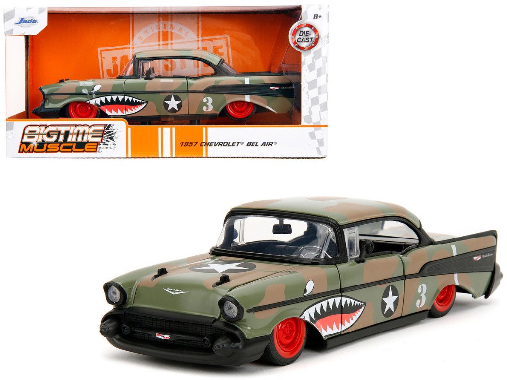 Jada 1957 Chevrolet Bel Air #3 Camouflage 1/24 diecast model with shark mouth graphics, real rubber tires, opening parts, detailed interior, and original packaging.