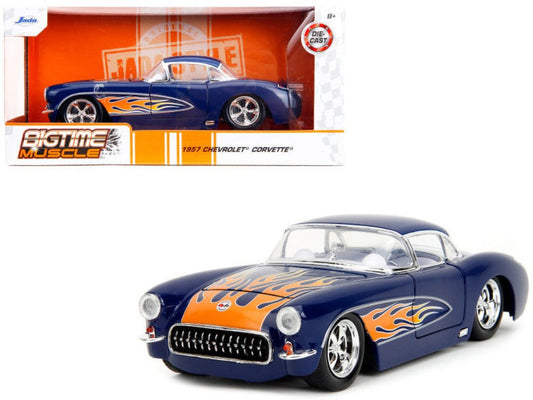 1957 Chevrolet Corvette Dark Blue with Flame Graphics 1/24 Diecast Model Car from Jada's "Bigtime Muscle" Series