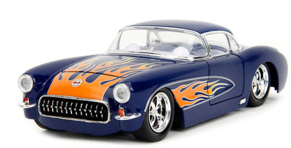 1957 Chevrolet Corvette Dark Blue with Flame Graphics and White Interior "Bigtime Muscle" Series 1/24 Diecast Model Car by Jada