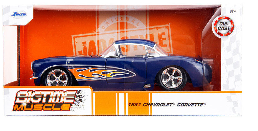 1957 Chevrolet Corvette Dark Blue with Flame Graphics and White Interior "Bigtime Muscle" Series 1/24 Diecast Model Car by Jada