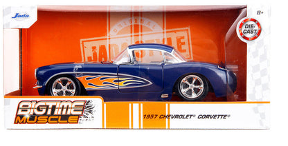1957 Chevrolet Corvette Dark Blue with Flame Graphics and White Interior "Bigtime Muscle" Series 1/24 Diecast Model Car by Jada