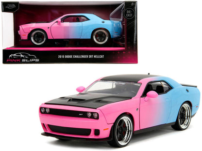 Jada 2015 Dodge Challenger SRT Hellcat diecast in pink/blue gradient with matte black hood. Collector-ready.