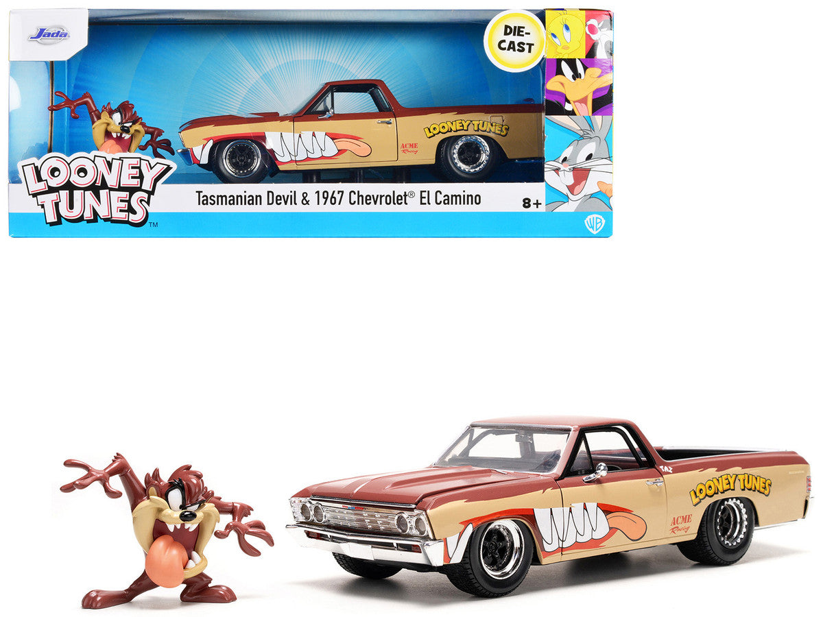 Jada 1/24 scale 1967 Chevrolet El Camino diecast car with Taz figure from "Looney Tunes," featuring opening hood, doors, and tailgate.