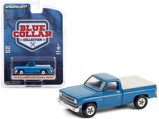 1981 Chevrolet C20 Custom Deluxe Pickup Truck with Bed Cover Light Blue Metallic "Blue Collar Collection" Series 8 1/64 Diecast Car by Greenlight