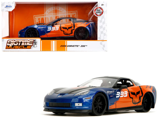 2006 Chevrolet Corvette Z06 #333 "Spirit Racing" Blue Metallic and Orange with Black Hood and Top "Bigtime Muscle" Series 1/24 Diecast Car by Jada