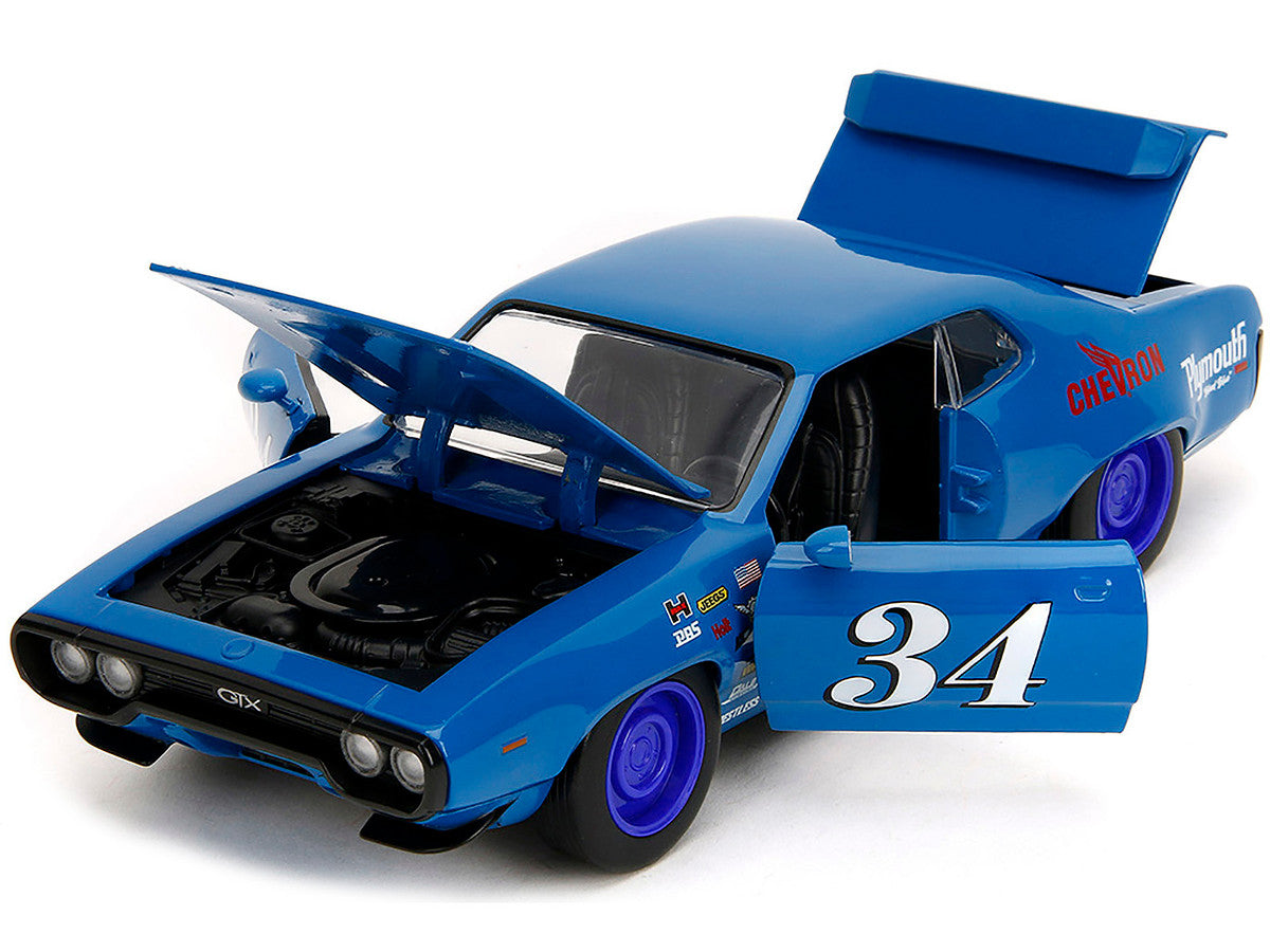 1972 Plymouth GTX Diecast Car - #34 Blue with Graphics 1/24 Bigtime Muscle by Jada