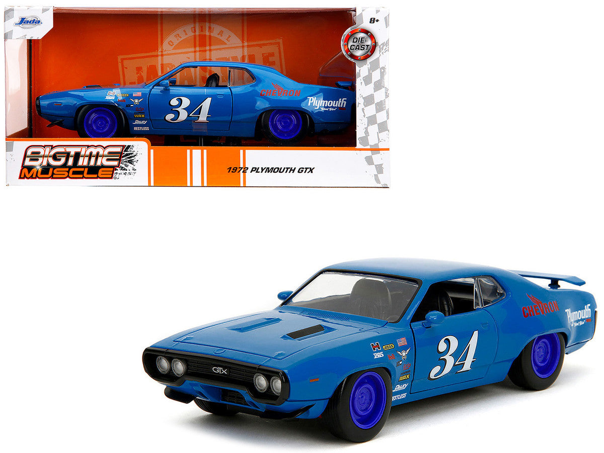 1972 Plymouth GTX Diecast Car - #34 Blue with Graphics 1/24 Bigtime Muscle by Jada