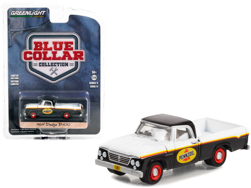 1964 Dodge D-100 Pickup Truck in white and black with stripes, "Pennzoil" branding, 1/64 scale diecast model car.