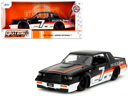 1987 Buick Grand National #7 'Buick Racing' diecast model, black/white, 1/24 scale, detailed, opening parts, in original packaging.