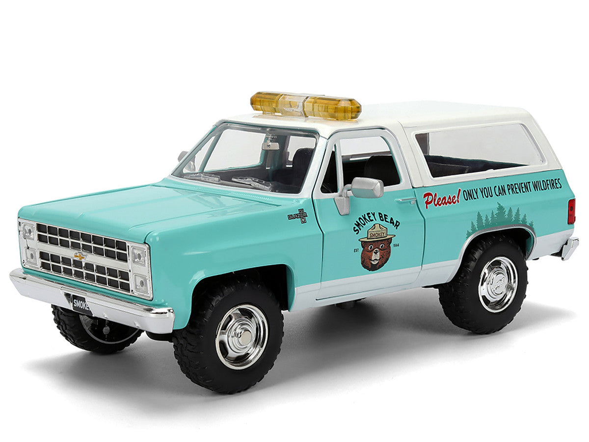 1980 Chevrolet Blazer Light Green with White Top and Graphics and Smokey Bear Diecast Figure 1/24 Diecast Model by Jada