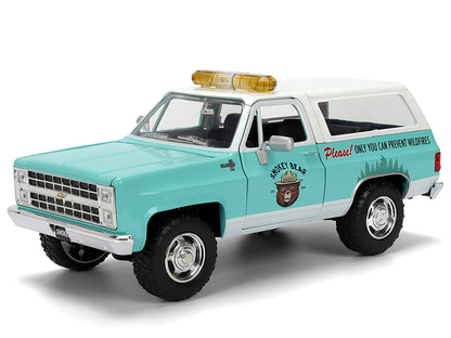 1980 Chevrolet Blazer Light Green with White Top and Graphics and Smokey Bear Diecast Figure 1/24 Diecast Model by Jada
