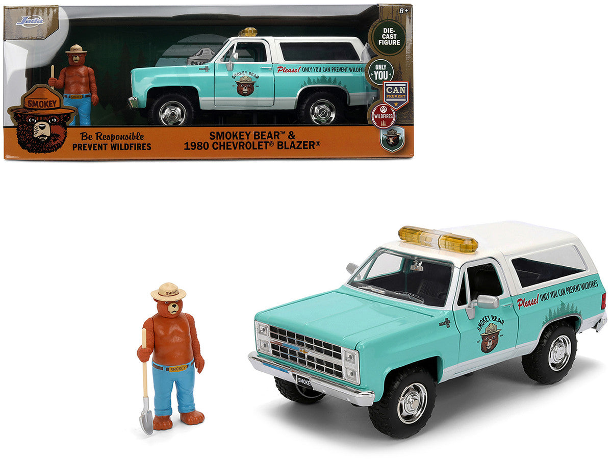 1/24 Jada 1980 Chevy Blazer diecast in light green with Smokey Bear figure, removable top, licensed.