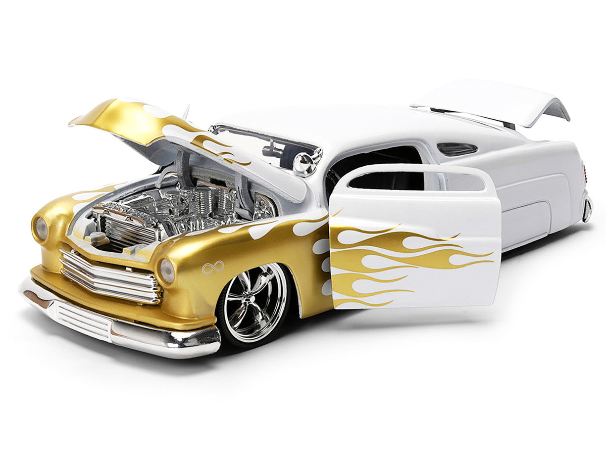 1951 Mercury Coupe 1/24 Diecast Model Car - White with Gold Flames Bigtime Muscle Series by Jada