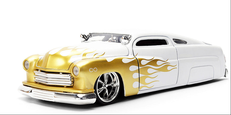 1951 Mercury Coupe 1/24 Diecast Model Car - White with Gold Flames Bigtime Muscle Series by Jada