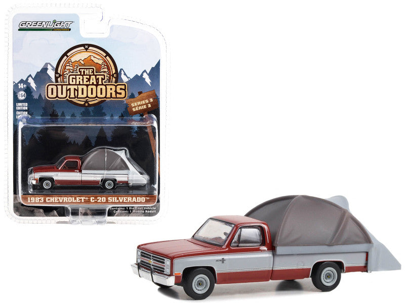 Greenlight 1983 Chevrolet C-20 Silverado Pickup Truck: Carmine Red/Silver Metallic, with modern truck bed tent.