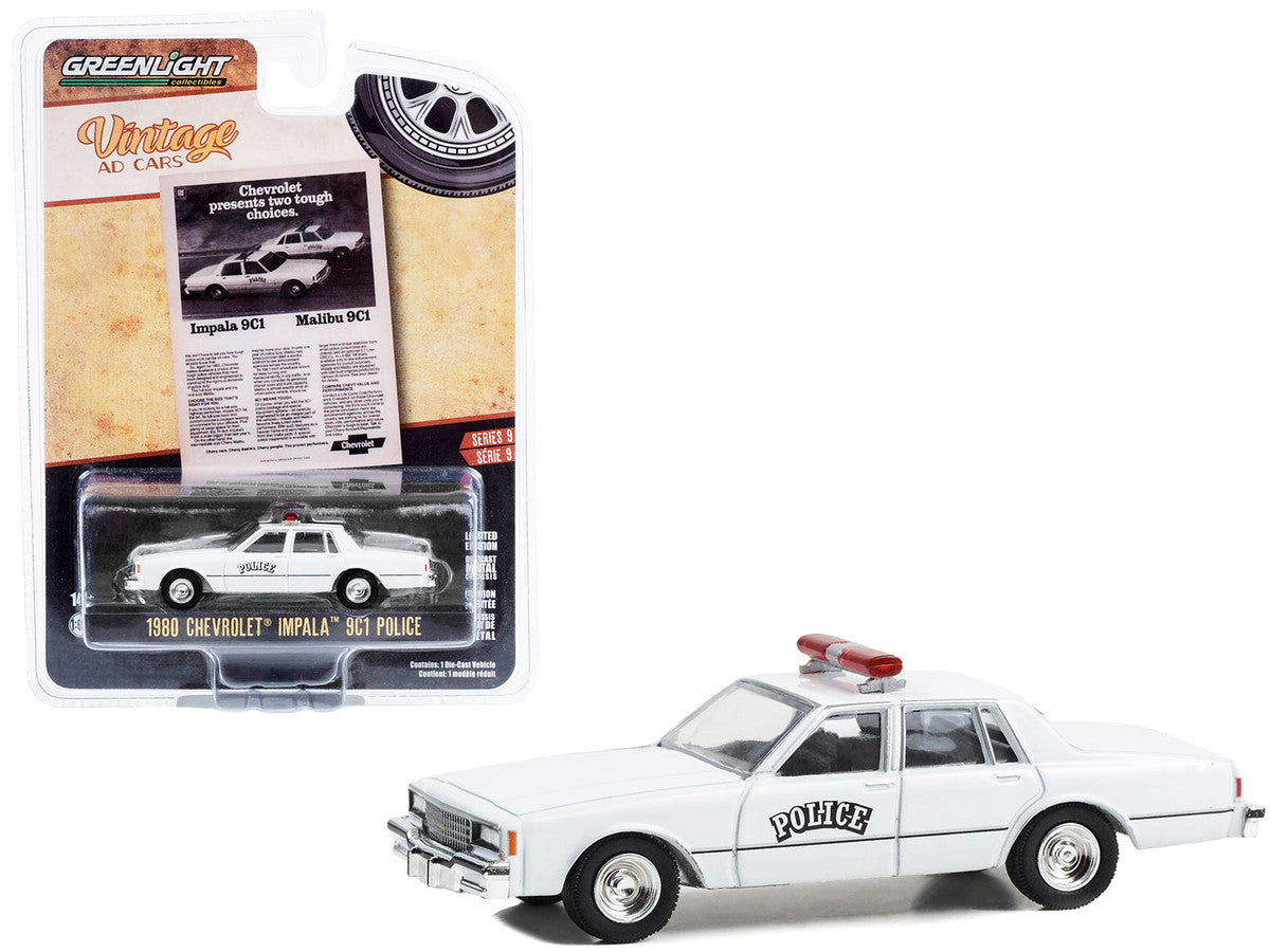 Greenlight 1980 Chevrolet Impala 9C1 Police White "Vintage Ad Cars" 1/64 Diecast Model Car: Detailed, authentic, limited edition.