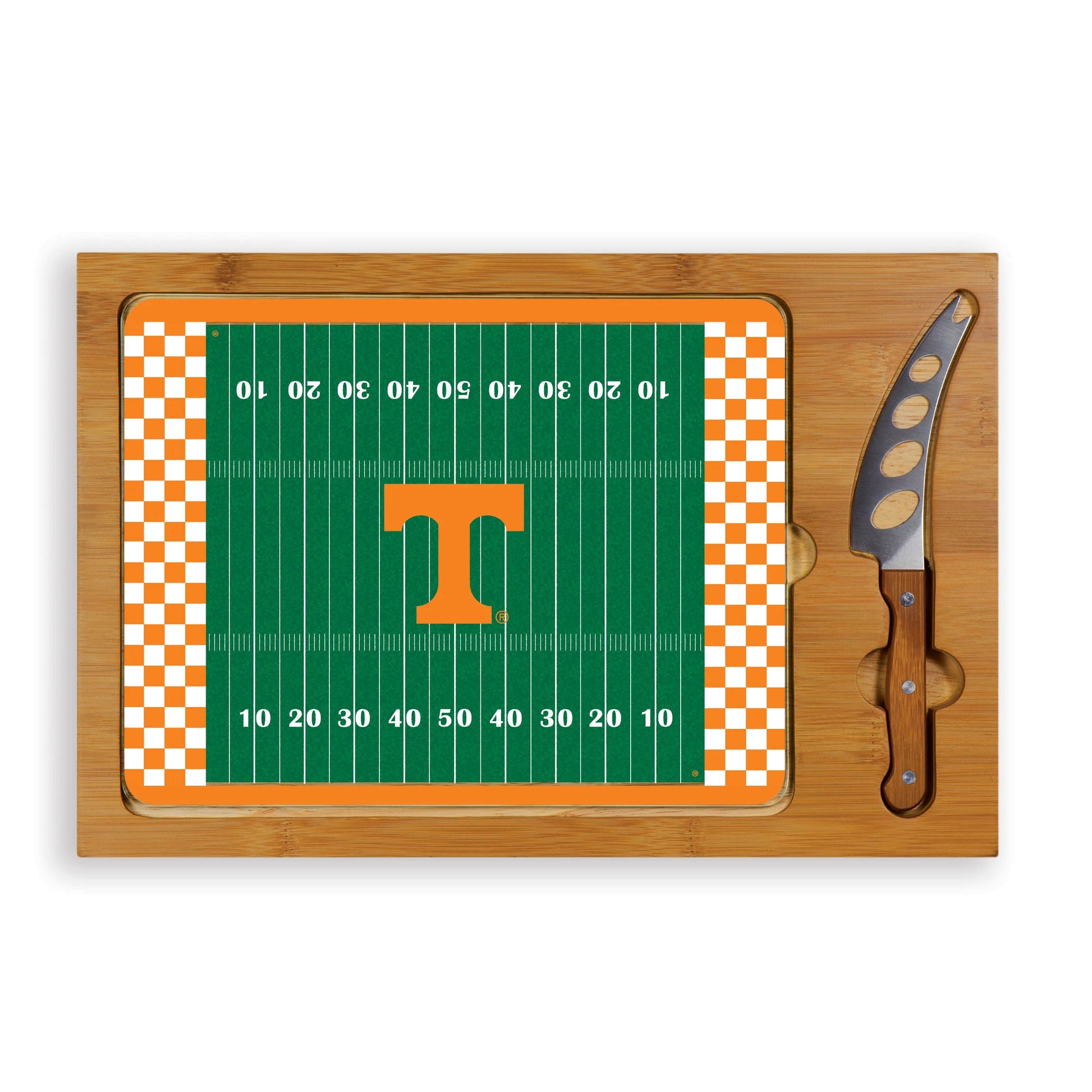 Tennessee Volunteers Icon cutting board with bamboo base and stainless steel cheese knife, NCAA licensed.
