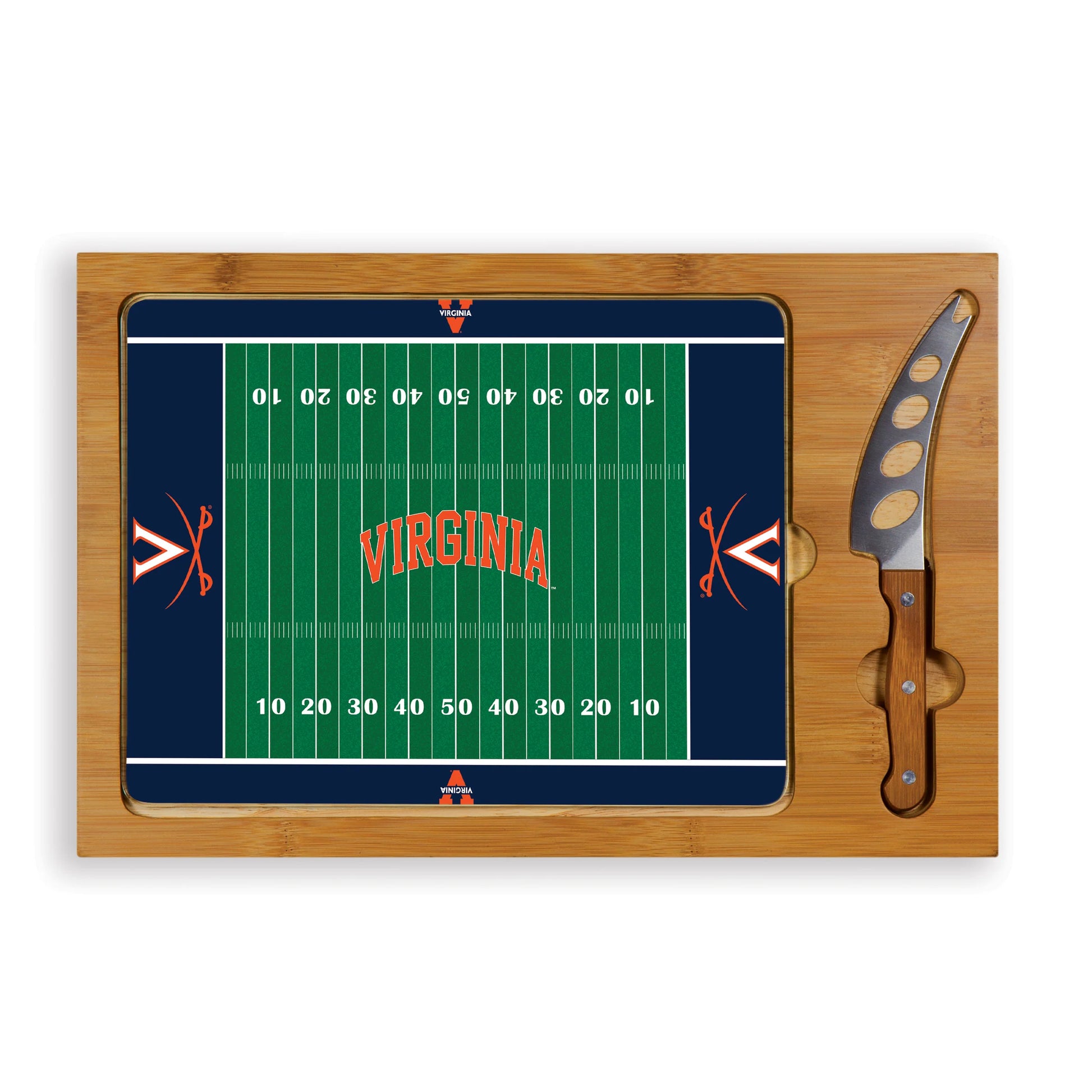 Virginia Cavaliers Icon Glass Top Cutting Board & Knife Set with bamboo base and stainless steel knife