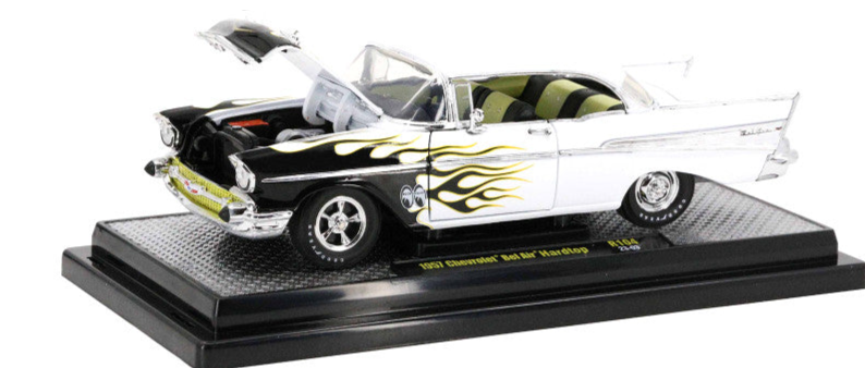 1957 Chevrolet Bel Air Hardtop Bright White with Flames "Mooneyes" Limited Edition to 6450 pieces Worldwide 1/24 Diecast Model Car by M2 Machines