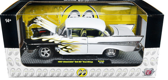 1957 Chevrolet Bel Air Hardtop Bright White with Flames "Mooneyes" Limited Edition to 6450 pieces Worldwide 1/24 Diecast Model Car by M2 Machines