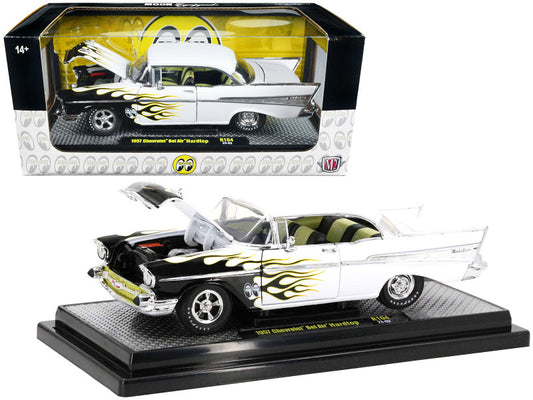 1957 Chevrolet Bel Air Hardtop Bright White with Flames 'Mooneyes' Limited Edition Diecast Model Car - 1/24 Scale