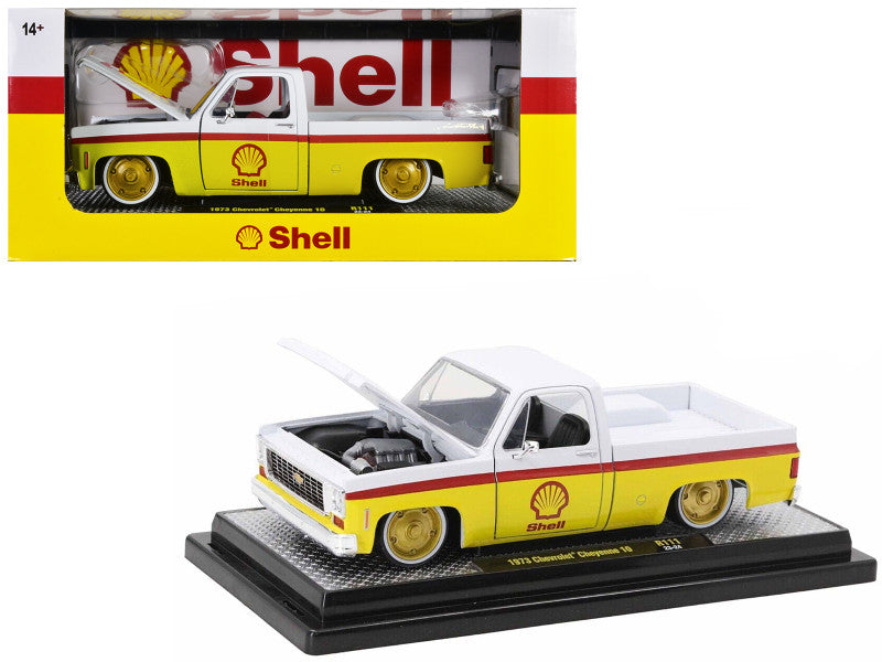 1973 Chevrolet Cheyenne 10 Pickup Truck White and Yellow with Red Stripes "Shell Oil" Limited Edition to 7050 pieces Worldwide 1/24 Diecast Model Car