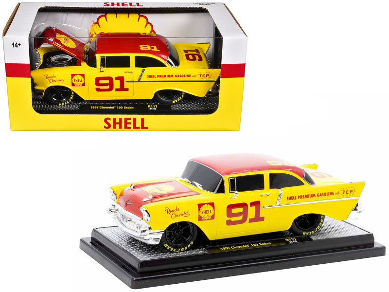 M2 Machines 1957 Chevrolet 150 Sedan #91 in Yellow with Red Hood, 1/24 diecast model, limited edition of 6250 pcs.