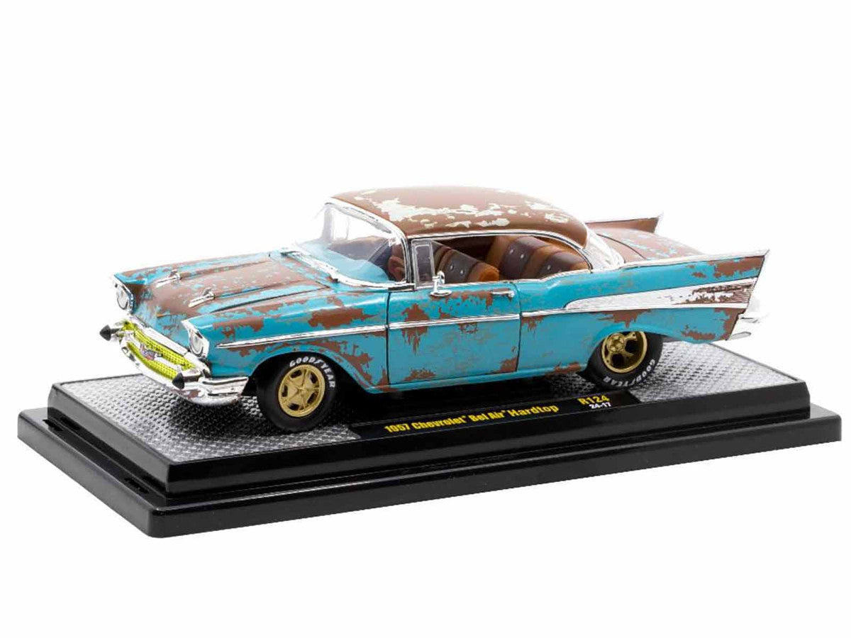 1957 Chevrolet Bel Air Hardtop Blue (Rusted) with Brown Top Limited Edition to 6650 pieces Worldwide 1/24 Diecast Model Car by M2 Machines