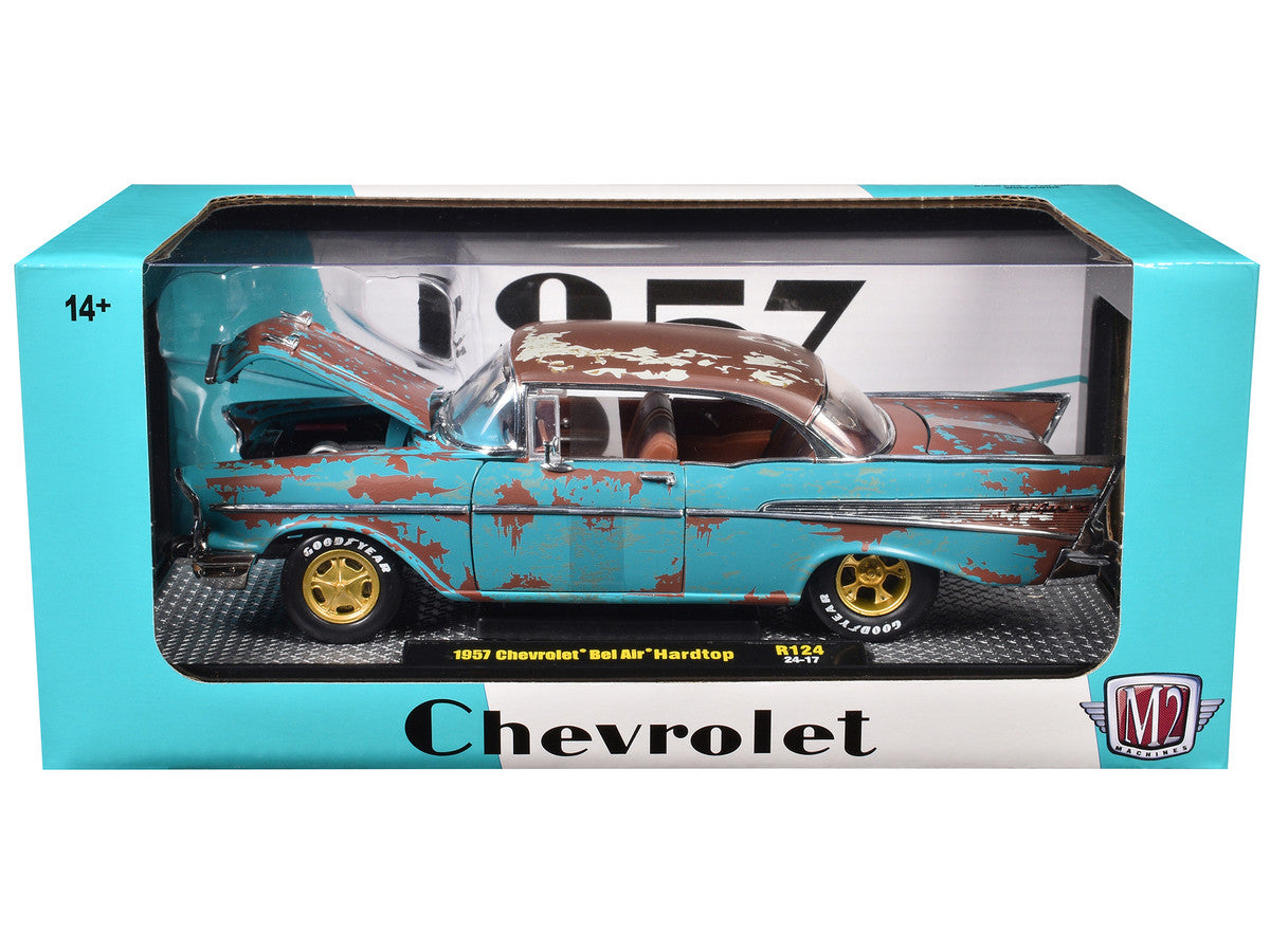 1957 Chevrolet Bel Air Hardtop Blue (Rusted) with Brown Top Limited Edition to 6650 pieces Worldwide 1/24 Diecast Model Car by M2 Machines