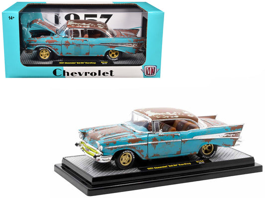 1957 Chevrolet Bel Air Hardtop Blue (Rusted) with Brown Top Limited Edition to 6650 pieces Worldwide 1/24 Diecast Model Car by M2 Machines