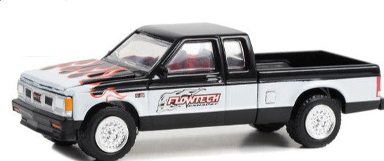 1990 GMC S-15 Sierra Pickup Truck Black and White with Flames "Flowtech Exhaust" "Running on Empty" Series 16 1/64 Diecast Model Car by Greenlight